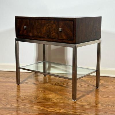 ETHAN ALLEN SIDE TABLE | Having full-width drawer over glass shelf with burl wood veneer - h. 25 x w. 15.5 x l. 25 in


