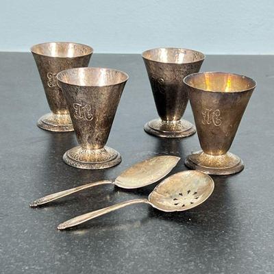 (6pc) STERLING SILVER ITEMS | Including: 4 hammered sterling silver cups engraved with letter "H" and marked on bottom...