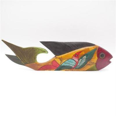 Hand-Painted Mexican Folk Art Wooden Fish Sculpture