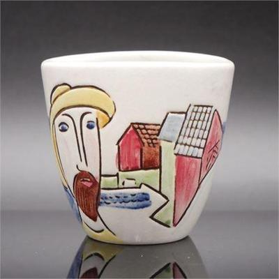Vintage Swedish Pottery Hand Painted Vessel "Fisherman" By Carl Harry Stalhane