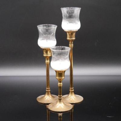 Set of 3 Brass & Glass Candle Holders