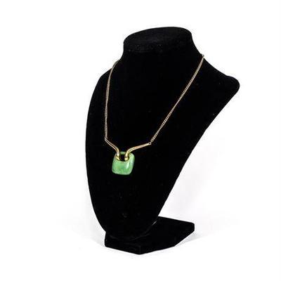 Trifari Marbled Green Lucite Square Pendant w/Gold-Tone Chain Necklace