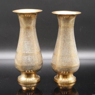 Pair of Ornate Etched Brass Vases