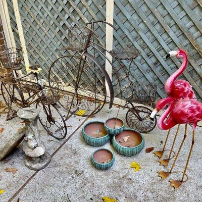 Lot 094-GAR: Bikes and Flamingos and Yard Art, Oh My!

Features: 
•	2 metal yard bike plantstands
•	4 turquoise pots
•	2 flamingos•...