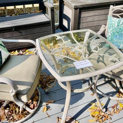 Lot 074-PAT: Hampton Bay Patio Furniture Assortment #2

Includes: 
•	Hampton Bay metal table with glass insert and 2 matching swivel...