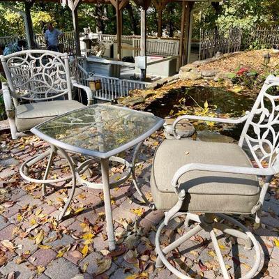 Lot 088-PAT: Hampton Bay Patio Furniture Assortment #5

Features: 
•	Hampton Bay metal table with glass insert and 2 tall chairs...