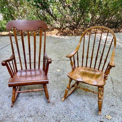 Lot 027-GAR: Rocking Chair Duo

Features: 
•	Chair on the Left: A tall-back spindle rocking chair with a slightly-curved headrest and...
