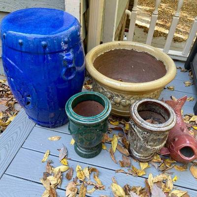 Lot 091-PAT: Outdoor Garden Ceramics

Features: 
•	1 large yellow ceramic pot
•	2 green pots (urns)
•	1 red fish pot
•	1 large blue...