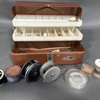 Lot 65 | Vintage Sears Metal Tackle Box, Reels, Wire & More
