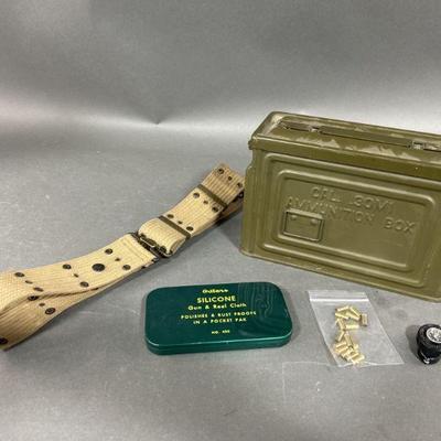 Lot 117 | WW2 Collection Metal Ammo Box, Belt & More

