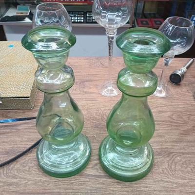 CIP074 - Green Tinted Glass Vases roughly 16 in. x 6 in. 