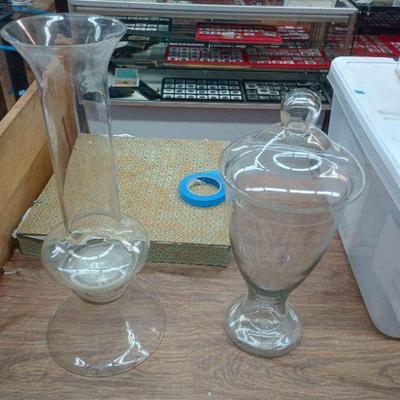 CIP069 - 2 Decorative Vases, Open One is About 20 in. x 7in., Other with Lid is 16 in. x 5 in. 
