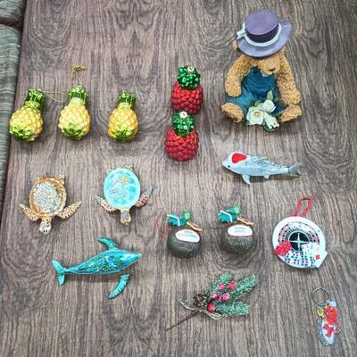 CIP066 - Lot of 15 Items Hawaiian Themed Christmas Ornaments, Bear Statue, Aloha Tattoo Keychain 