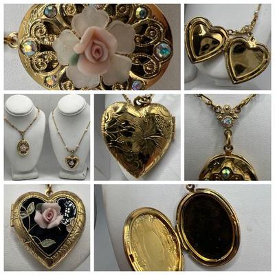 (2) Delicate Rose Lockets
Materials: gold tone metal, gold tone chain, Victorian style jewelry, large gold tone 1980s locket by 1928,...