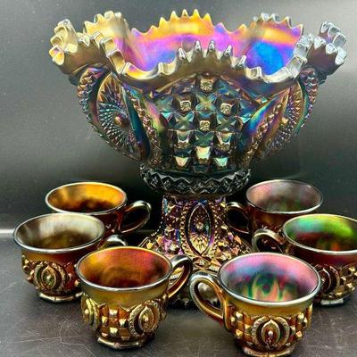 Northwood Carnival Glass Punch Bowl & (6) Cups
