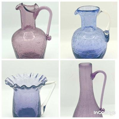 (4) Vintage Purple Crackle Glass Pitchers

