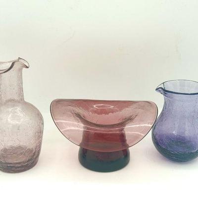 Blenko Crackle Top Hat & (2) Crackle Glass Pitchers
