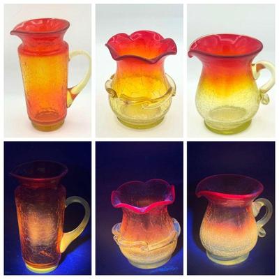 (3) Gorgeous Amberina Crackle Glass Pitchers
