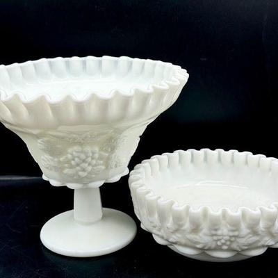 (2) Westmoreland Milk Glass Crimped Compote / Candy Dishes Grape Panel Vintage
