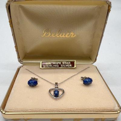 14 Karat Gold Earrings & Matching Sterling Silver Necklace with Blue Stones
