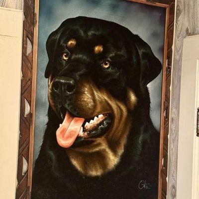 Massive Signed Black Velvet Painting Rottweiler
