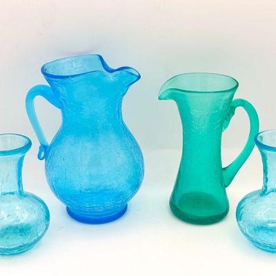 (4) Beautiful Blue Crackle Glass Pitchers
