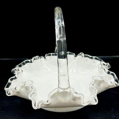 Vintage Fenton Silver Crest Ruffled Milk Glass Basket
