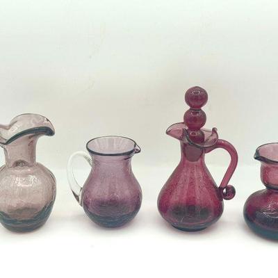 Rainbow Double Ball Crackle Glass Cruet & (3) Crackle Glass Pitchers
