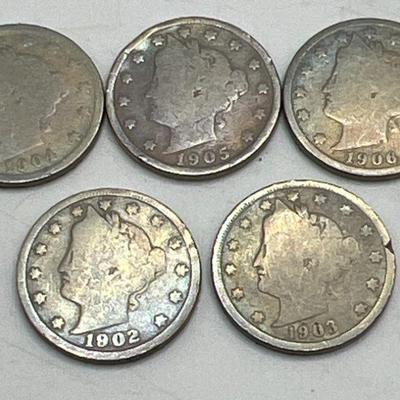 (5) Liberty Head Nickels with Lovely Patina 1902-1906
