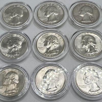 (9) Shiny Silver Washington Quarters - Mostly 1950s
