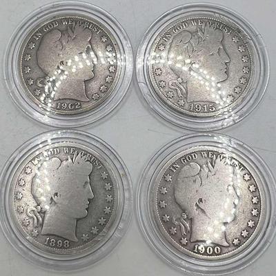 (4) Barber Silver Half Dollars 1898S 1900S 1902S 1915S

