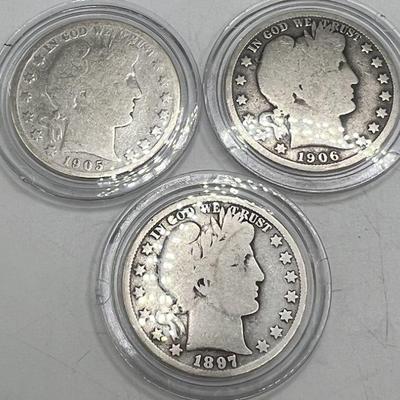 (3) Barber Silver Half Dollars 1897 1905-S 1906-O
