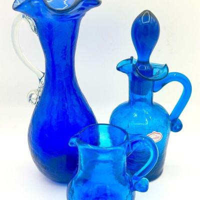 Rainbow Handmade Crackle Glass Cruet & (2) Crackle Glass Pitchers
