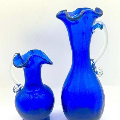 (2) Vintage Cobalt Blue Crackle Glass Pitchers
