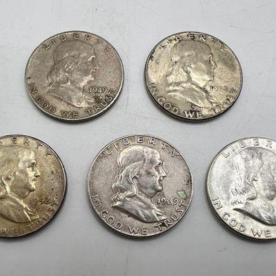 (5) Ben Franklin Silver Half Dollar Coins 1949-1963
