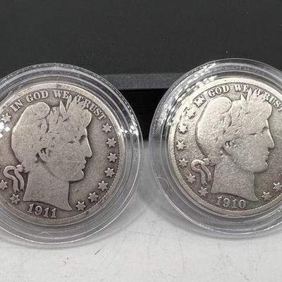 1910 & 1911 Barber Silver Half Dollar Coins
