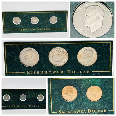 (4) Collector’s Coin Sets incl. Eisenhower 1977-S & Wheat Cent 1943-S
Set includes two Sacagawea dollars, three Buffalo Nickels,...