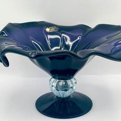 White Cristal Murano Deep Purple Glass Flower Bowl With Sticker
