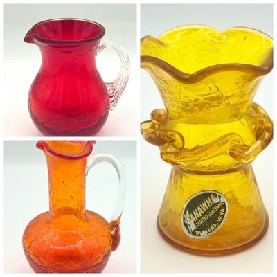 Kanawha & (2) Pilgrim Crackle Glass Pitchers
