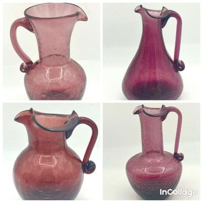 (4) Vintage Amethyst Crackle Glass Pitchers
