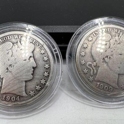 (2) Barber Silver Half Dollar Coins 1904 & 1909S
1904 & 1909-S
