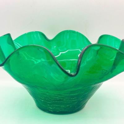 Blenko Emerald Green Crackle Glass Ruffled Bowl
