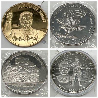 (4) Commemorative Coins incl. Donald Trump Golden Coin
1991 heroes of Pearl Harbor $5 Commemorative Coin with Folder Set, Marshall...