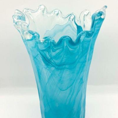 Murano Style Blue Ripple Swirl Art Glass Swung Vase

