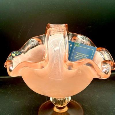 Murano White Cristal Pink Ruffled Art Glass Bowl With Stickers
