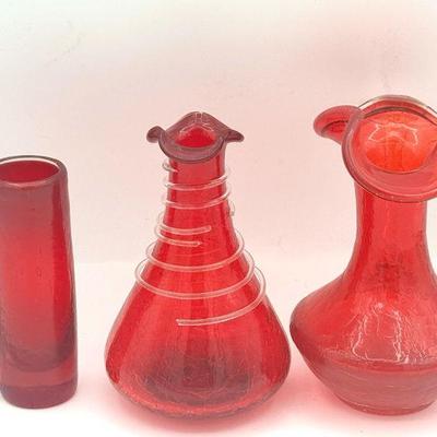 Red Crackle Glass Shot Glass & (2) Crackle Glass Vases
