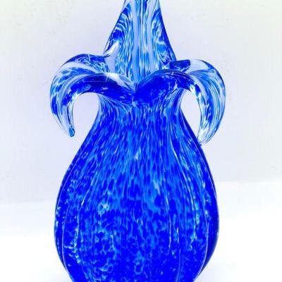 MCM Murano Style Blue Lily Art Glass Vase
