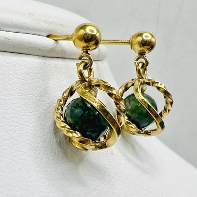 Stamped 14 Karat Gold Earrings with Gorgeous Green Stones

