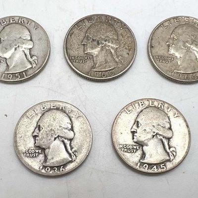 (5) Silver Washington Quarters 1936-1964
