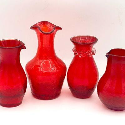 (4) Red Crackle Glass Pitchers
